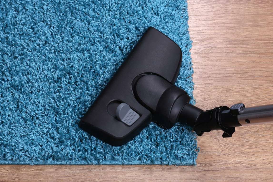 Vacuum cleaning a blue carpet