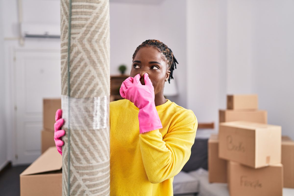 Woman wearing cleaning gloves holding her nose due to odour from rolled up carpet